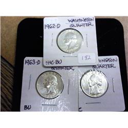 1962-D, 63-D And 64 Silver Wash. Quarters (UNC)