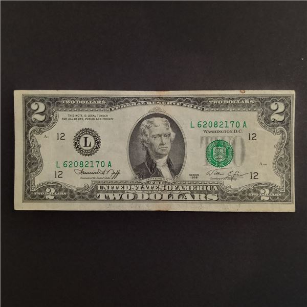 Collectible Faulty Alignment /Miscut Error 1976 US $2 Two dollars bill note green seal
