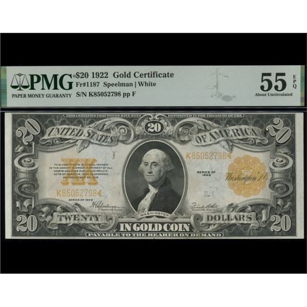 1922 $20 Gold Certificate PMG 55EPQ