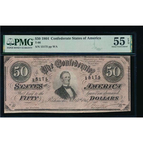 1864 $50 T-66 Confederate PMG 55EPQ