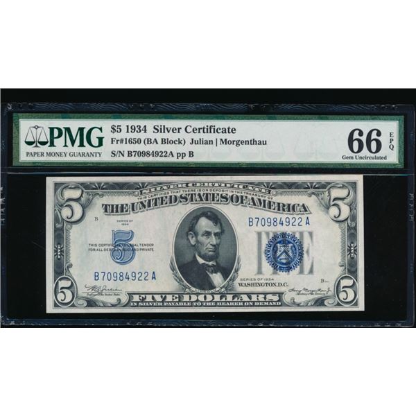 1934 $5 Silver Certificate PMG 66EPQ
