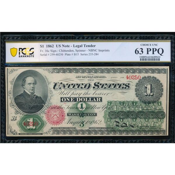 1862 $1 Legal Tender Note PCGS 63PPQ