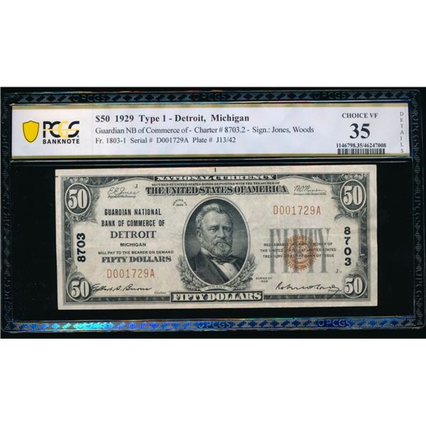 1929 $50 Detroit MI National PCGS 35