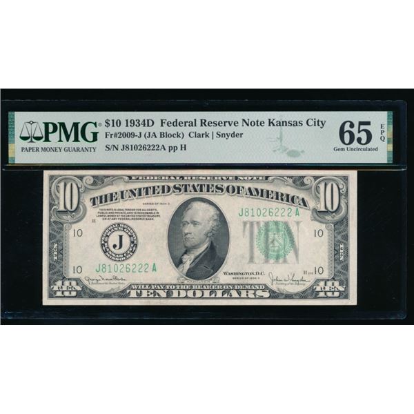 1934D $10 Kansas City FRN PMG 65EPQ