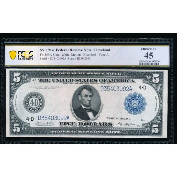 1914 $5 Cleveland FRBN PCGS 45