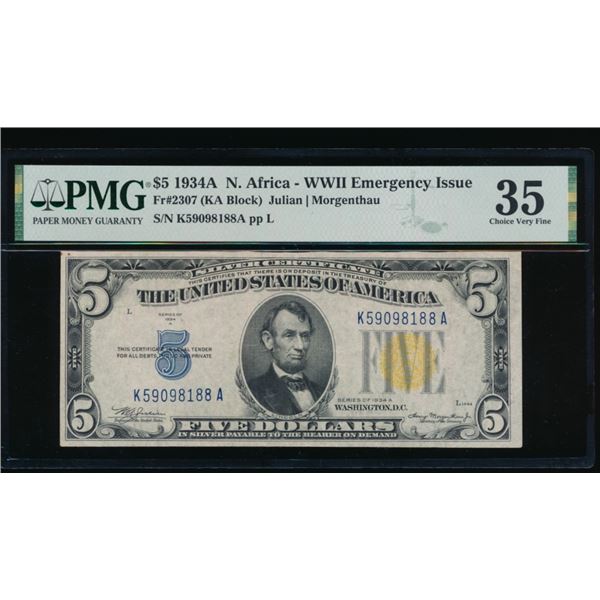 1934A $5 N Africa Silver Certificate PMG 35