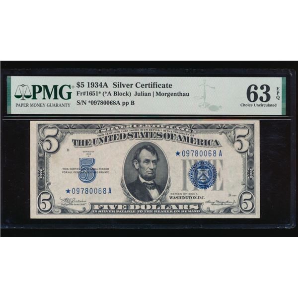 1934A $5 STAR Silver Certificate PMG 63EPQ