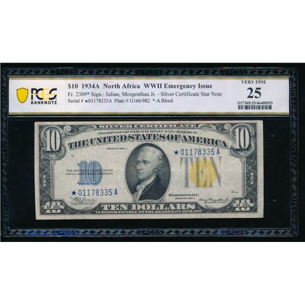 1934A $10 STAR N Africa Silver Certificate PCGS 25
