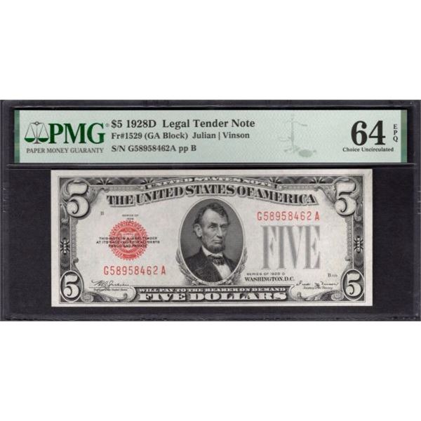 1928D $5 Legal Tender Note PMG 64EPQ