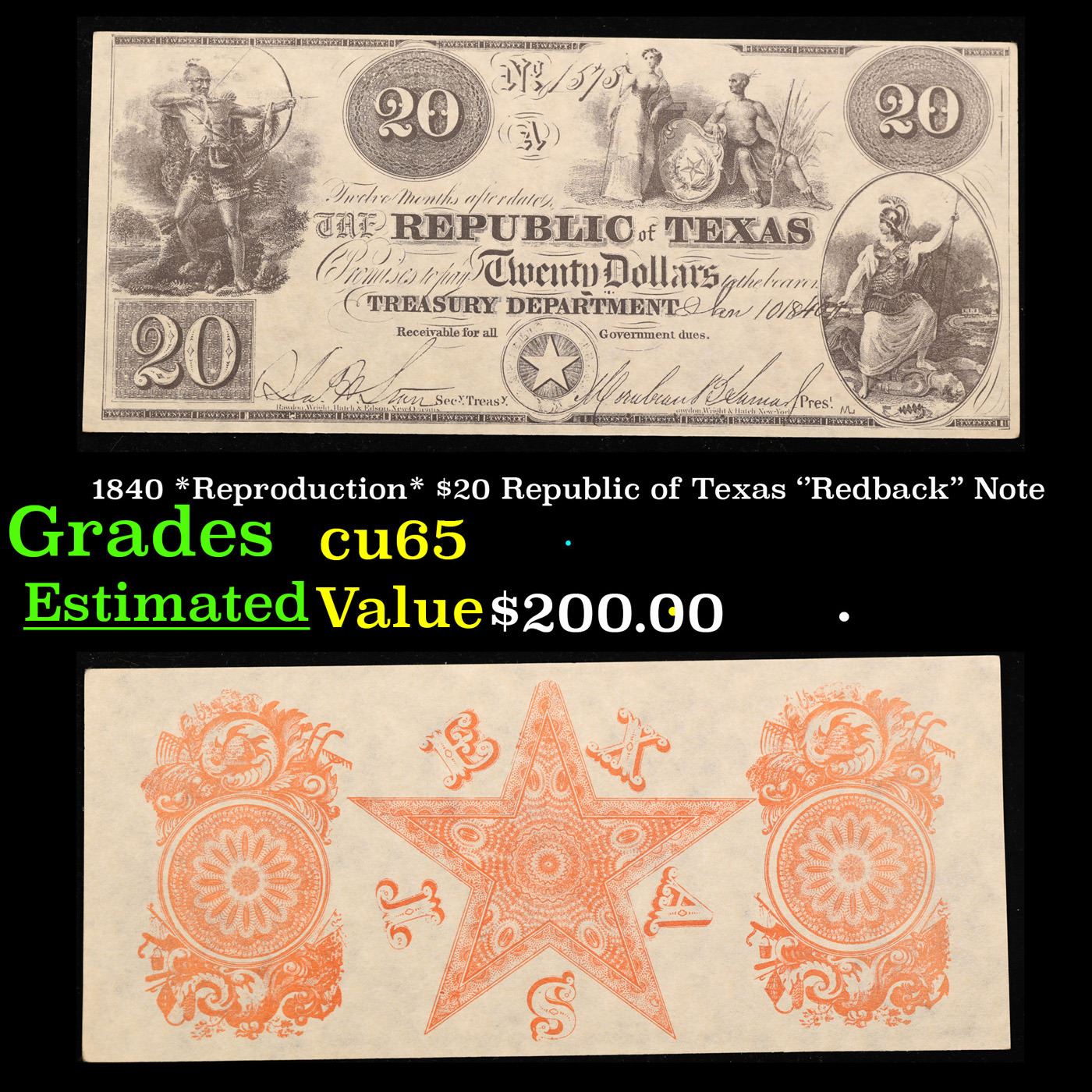 Republic Note From Legend 1840 *Reproduction* $20 Republic of Texas ''Redback'' Note Grades Gem CU