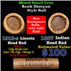 Image 1 : Mixed small cents 1c orig shotgun roll, 1918-s Wheat Cent, 1887 Indian Cent other end, Brinks Wrappe