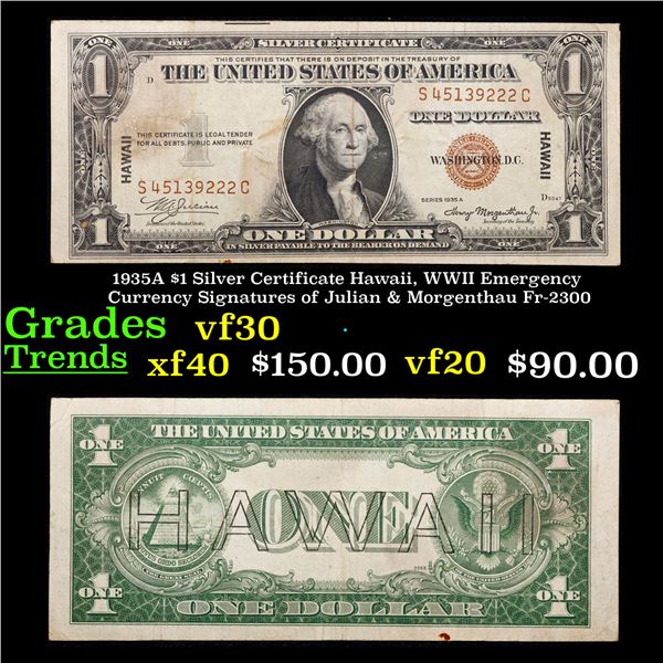 1935A $1 Silver Certificate Hawaii, WWII Emergency Currency Signatures of Julian & Morgenthau Fr-230
