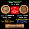 Image 1 : Mixed small cents 1c orig shotgun roll, 1911-d Wheat Cent, 1887 Indian Cent other end, Brinks Wrappe