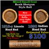 Image 1 : Mixed small cents 1c orig shotgun roll, 1918-s Wheat Cent, 1890 Indian Cent other end, Brinks Wrappe