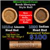 Image 1 : Mixed small cents 1c orig shotgun roll, 1918-s Wheat Cent, 1890 Indian Cent other end, Brinks Wrappe