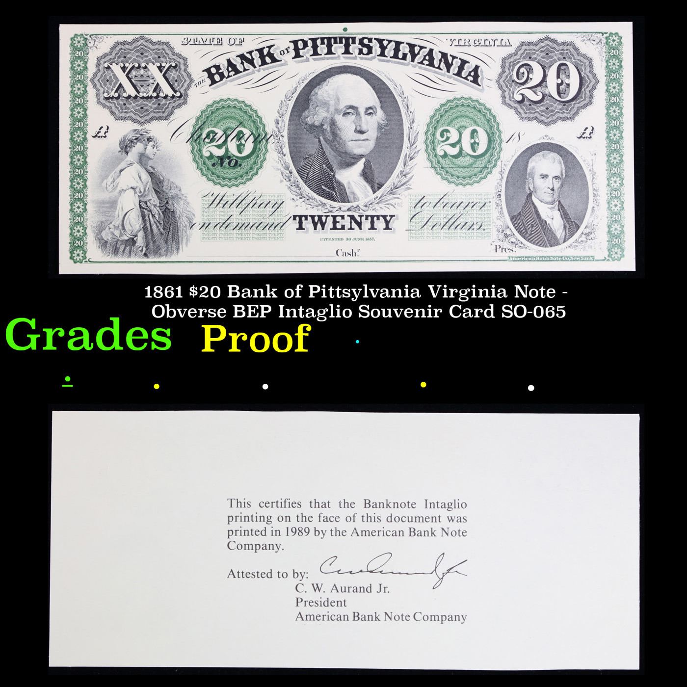 Victorian Intaglio Note Proof 1861 $20 Bank of Pittsylvania Virginia Note - Obverse BEP ...