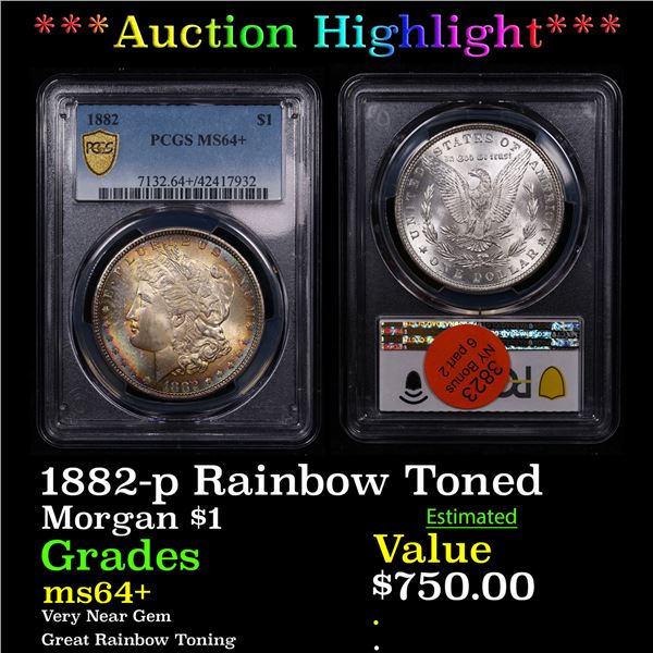 ***Auction Highlight*** PCGS 1882-p Rainbow Toned Morgan Dollar $1 Graded ms64+ By PCGS (fc)