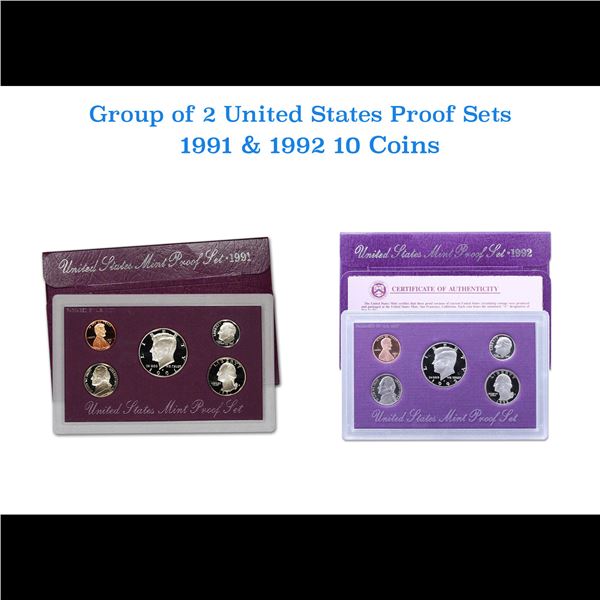 Group of 2 United States Mint Proof Sets 1991-1992 10 coins