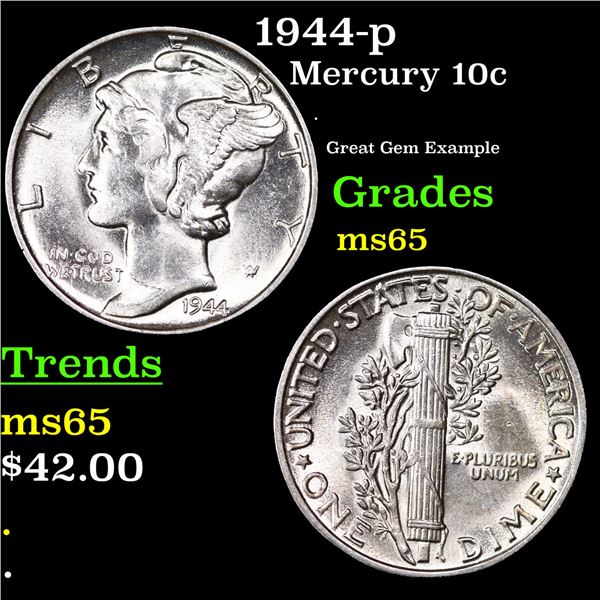 1944-p Mercury Dime 10c Grades GEM Unc
