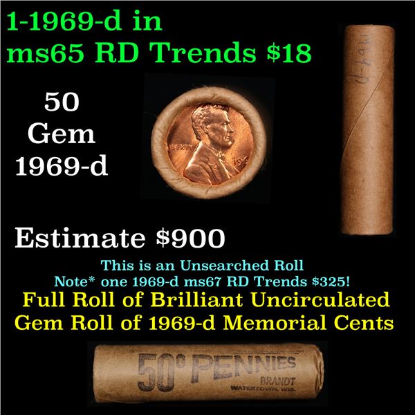 Shotgun Lincoln 1c roll, 1969-P 50 pcs Brandt Wrapper.