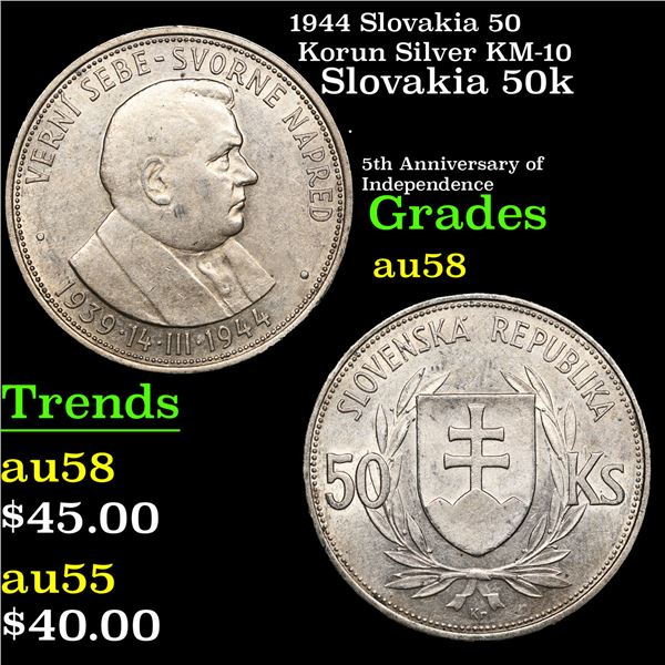 1944 Slovakia 50 Korun Silver KM-10 Grades Choice AU/BU Slider