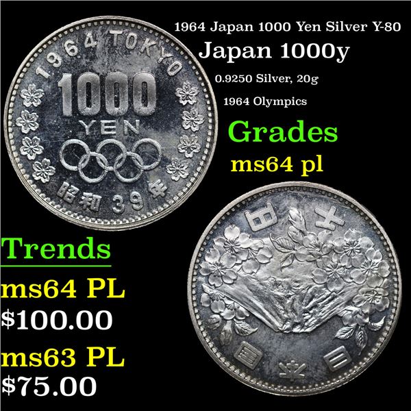 1964 Japan 1000 Yen Silver Y-80 Grades Choice Unc PL