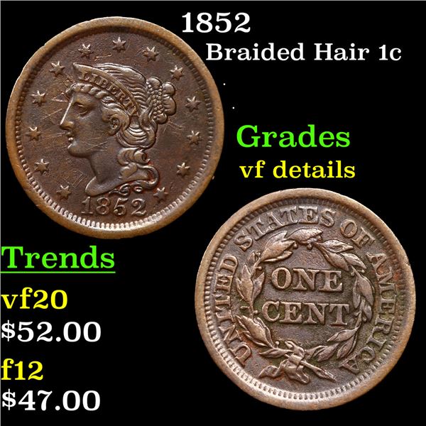 1852 Braided Hair Large Cent 1c Grades vf details