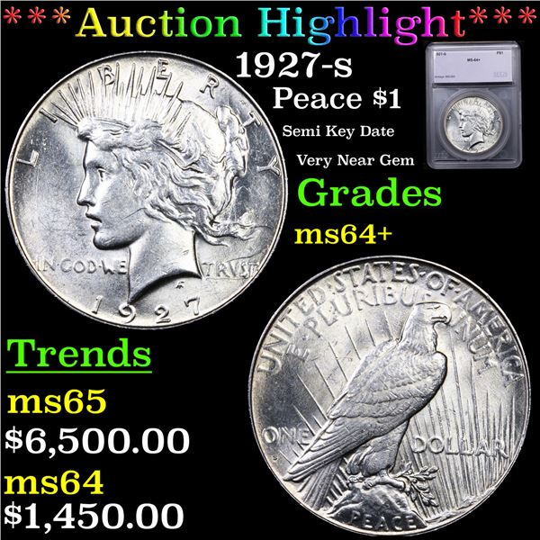 ***Auction Highlight*** 1927-s Peace Dollar $1 Graded ms64+ BY SEGS (fc)