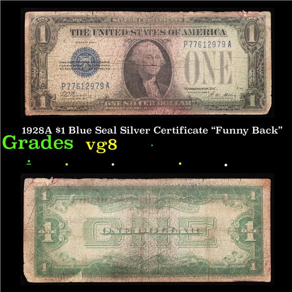 1928A $1 Blue Seal Silver Certificate "Funny Back" Grades vg, very good