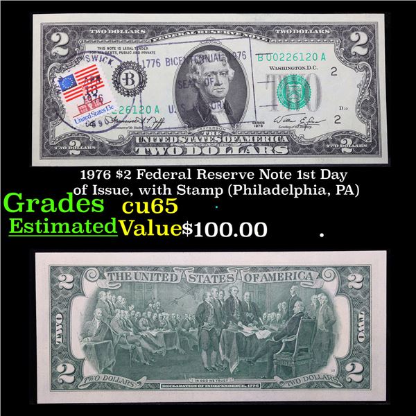 1976 $2 Federal Reserve Note 1st Day of Issue, with Stamp (Philadelphia, PA) Grades Gem CU