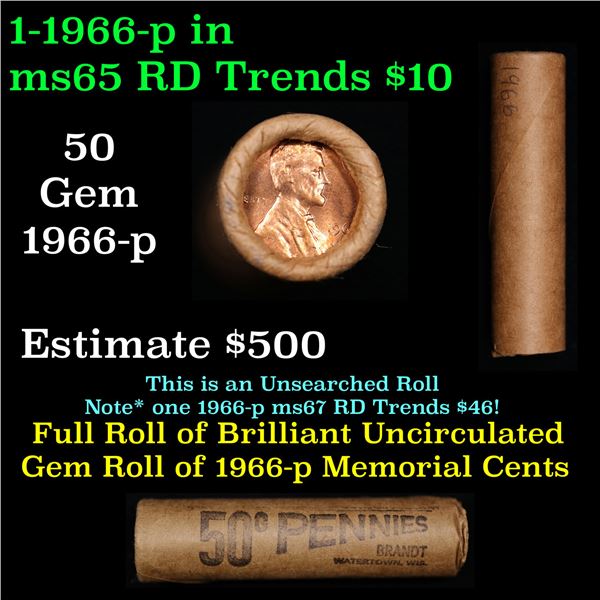 Shotgun Lincoln 1c roll, 1966-P 50 pcs Brandt Wrapper.