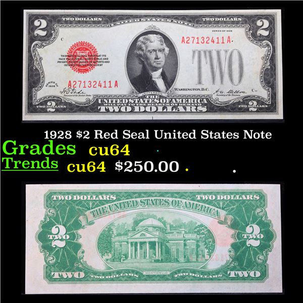 1928 $2 Red Seal United States Note Grades Choice CU