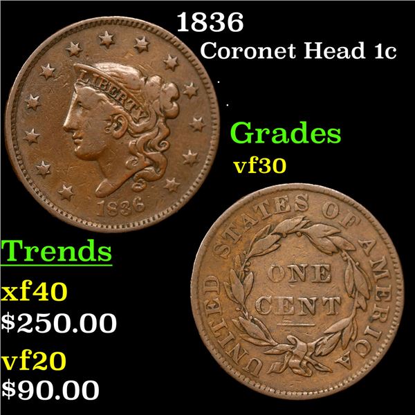 1836 Coronet Head Large Cent 1c Grades vf++