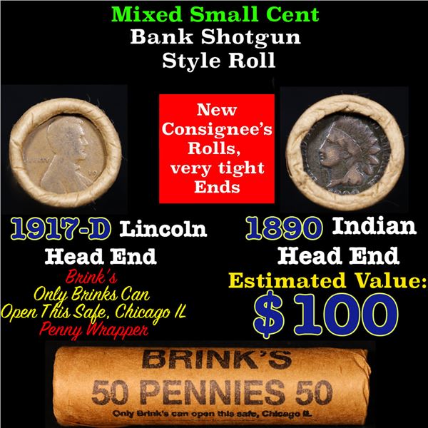 Mixed small cents 1c orig shotgun roll, 1917-D Wheat Cent, 1890 Indian Cent other end, Brinks Wrappe