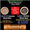 Image 1 : Mixed small cents 1c orig shotgun roll, 1917-D Wheat Cent, 1890 Indian Cent other end, Brinks Wrappe