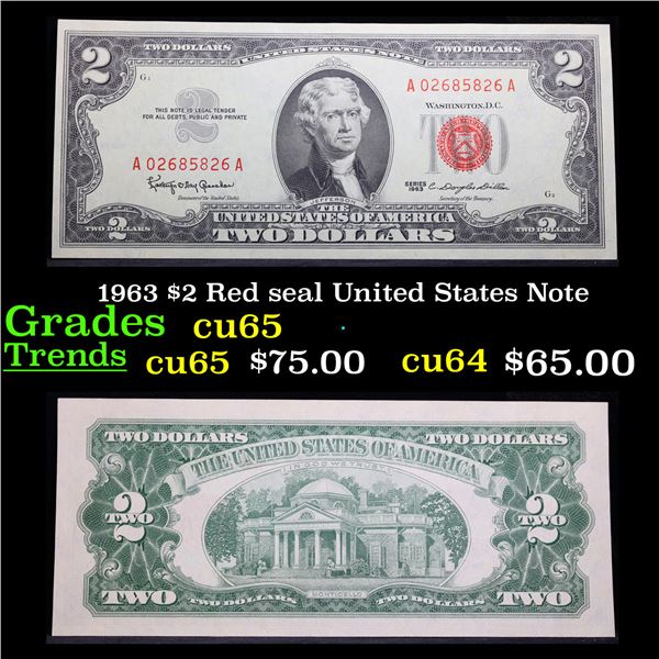 1963 $2 Red seal United States Note Grades Gem CU