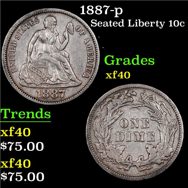 1887-p Seated Liberty Dime 10c Grades xf