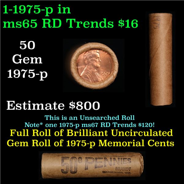 Shotgun Lincoln 1c roll, 1975-P 50 pcs Brandt Wrapper.