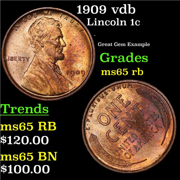 1909 vdb Lincoln Cent 1c Grades GEM Unc RB