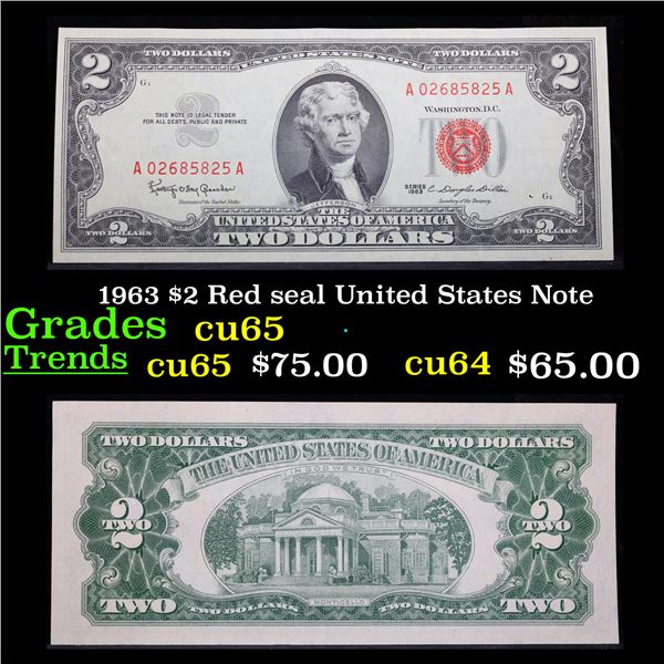 1963 $2 Red seal United States Note Grades Gem CU