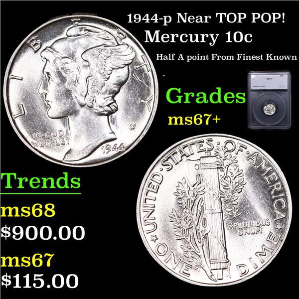 1944-p Mercury Dime Near TOP POP! 10c Graded ms67+ BY SEGS
