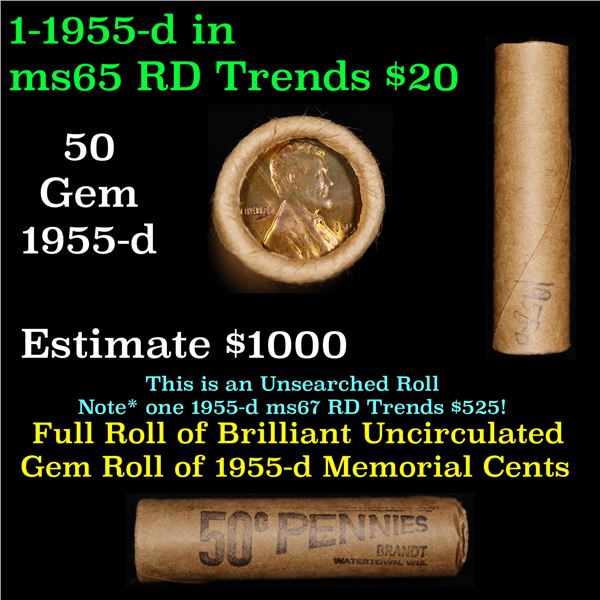 Shotgun Lincoln 1c roll, 1955-d 50 pcs Brandt Wrapper.