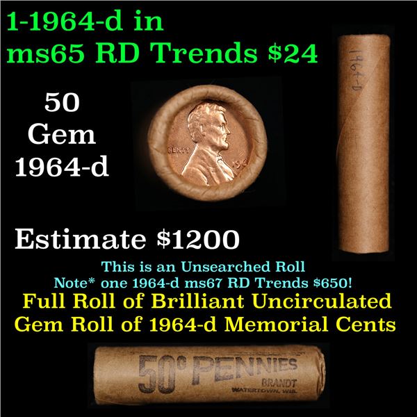 Shotgun Lincoln 1c roll, 1964-D 50 pcs Brandt Wrapper.