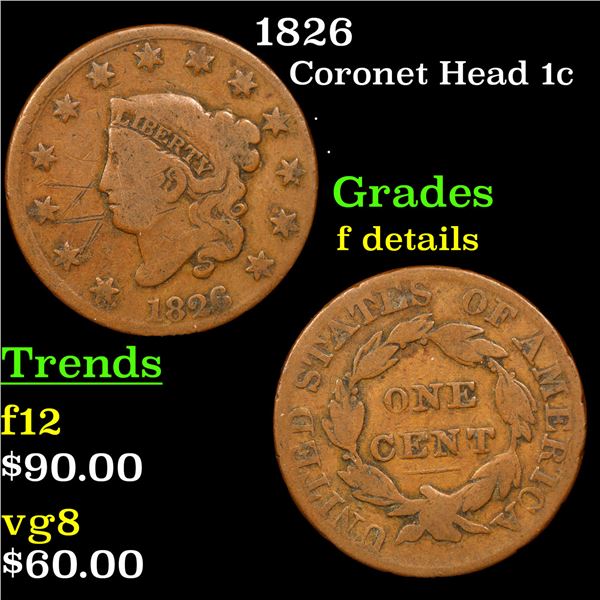 1826 Coronet Head Large Cent 1c Grades f details