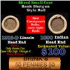 Mixed small cents 1c orig shotgun roll, 1916-D Wheat Cent, 1890 Indian Cent other end, Brinks Wrappe