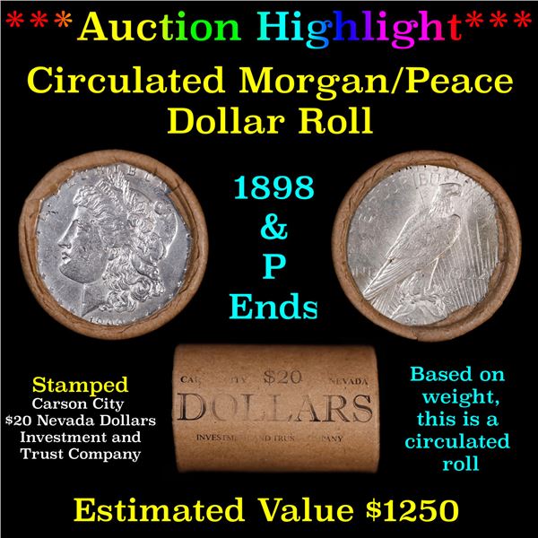 ***Auction Highlight*** Shotgun 1898 & 'P' Ends Mixed Morgan/Peace Silver dollar roll, 20 coin Carso