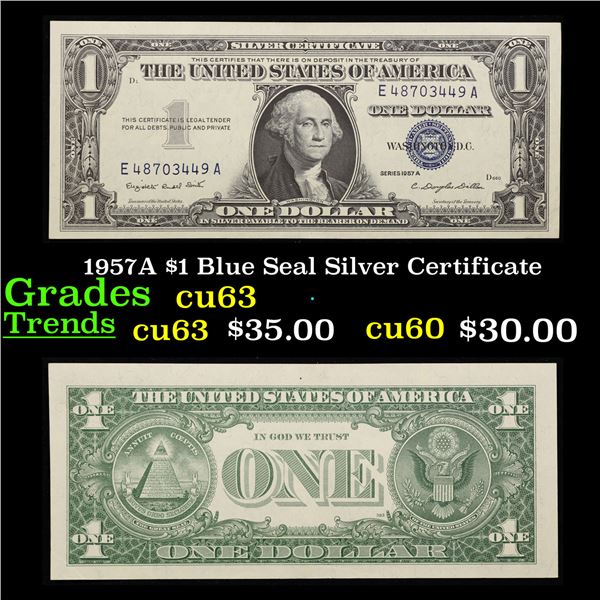 1957A $1 Blue Seal Silver Certificate Grades Select CU