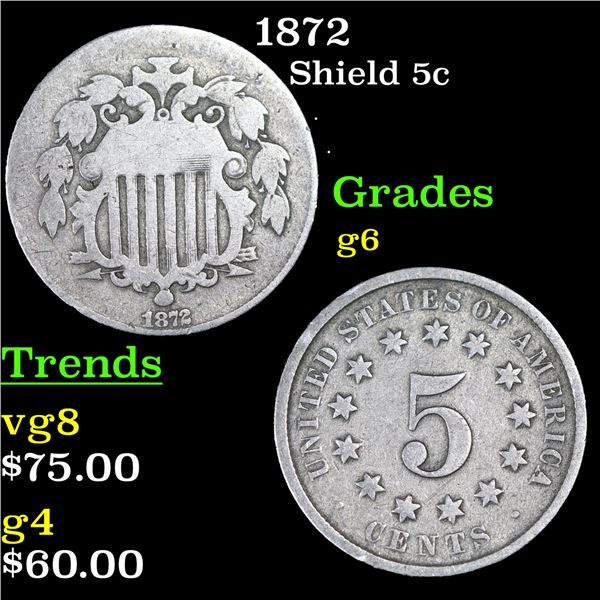 1872 Shield Nickel 5c Grades g+