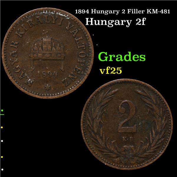 1894 Hungary 2 Filler KM-481 Grades vf+