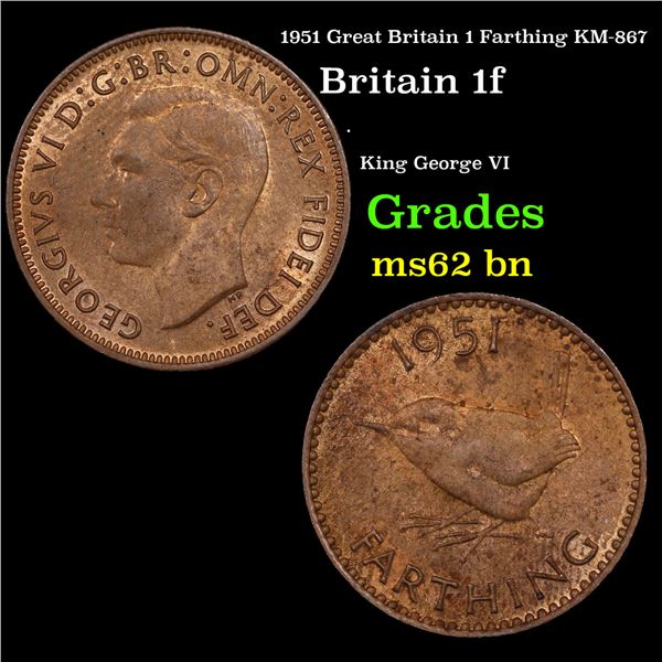 1951 Great Britain 1 Farthing KM-867 Grades Select Unc BN